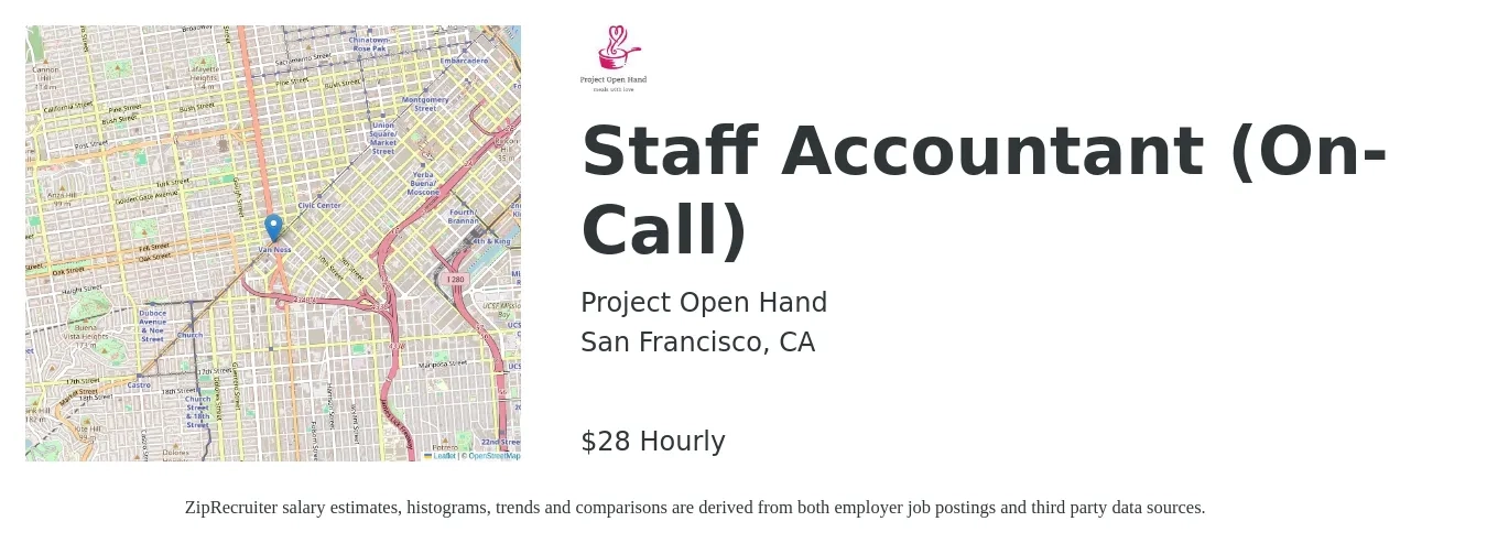 Project Open Hand job posting for a Staff Accountant (On-Call) in San Francisco, CA with a salary of $29 to $30 Yearly with a map of San Francisco location.