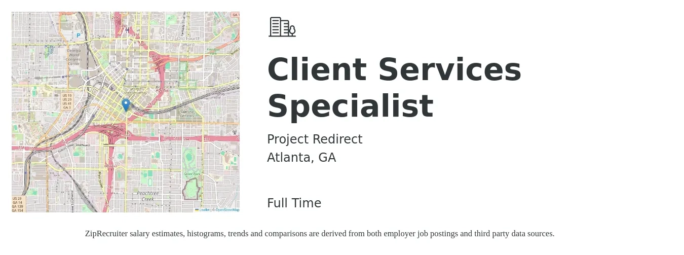 Project Redirect job posting for a Client Services Specialist in Atlanta, GA with a salary of $16 to $22 Hourly with a map of Atlanta location.