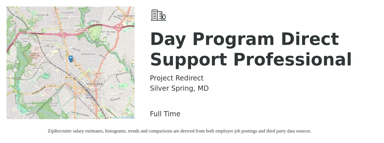 Project Redirect job posting for a Day Program Direct Support Professional in Silver Spring, MD with a salary of $16 to $19 Hourly with a map of Silver Spring location.