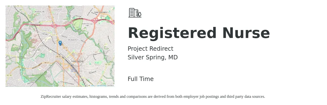 Project Redirect job posting for a Registered Nurse in Silver Spring, MD with a salary of $34 to $54 Hourly with a map of Silver Spring location.
