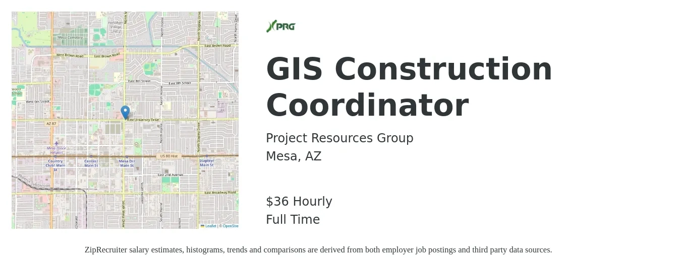 Project Resources Group job posting for a GIS Construction Coordinator in Mesa, AZ with a salary of $38 Hourly with a map of Mesa location.