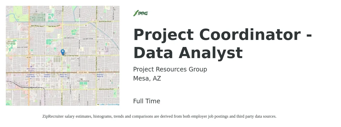 Project Resources Group job posting for a Project Coordinator - Data Analyst in Mesa, AZ with a salary of $28 to $34 Hourly with a map of Mesa location.