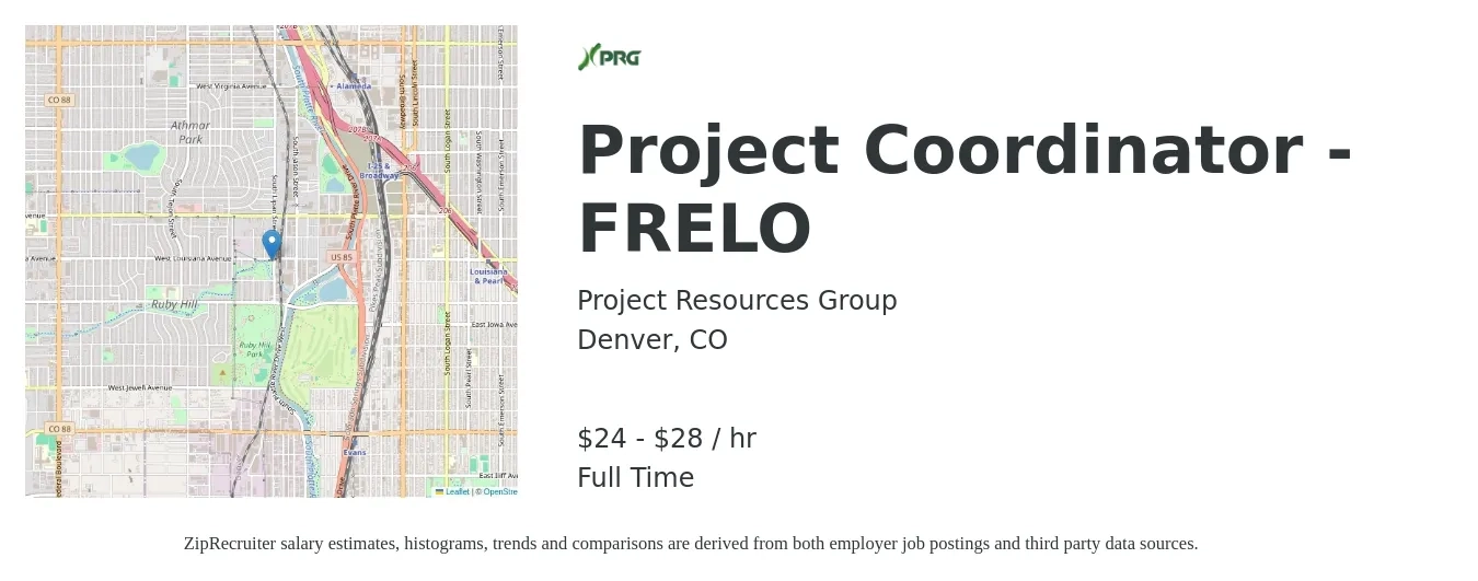 Project Resources Group job posting for a Project Coordinator - FRELO in Denver, CO with a salary of $25 to $30 Hourly with a map of Denver location.