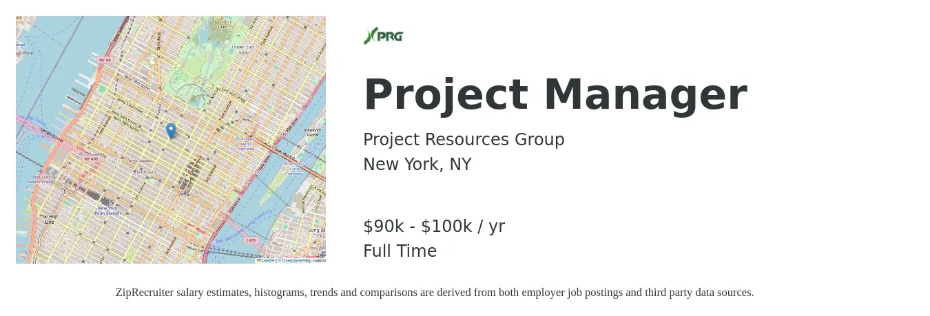 Project Resources Group job posting for a Project Manager in New York, NY with a salary of $90,000 to $100,000 Yearly with a map of New York location.