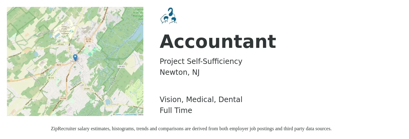 Project Self-Sufficiency job posting for a Accountant in Newton, NJ with a salary of $55,600 to $81,600 Yearly and benefits including pto, retirement, vision, dental, and medical with a map of Newton location.
