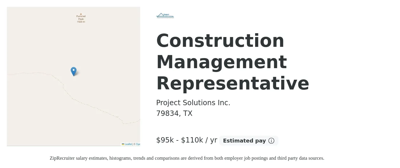 Project Solutions Inc. job posting for a Construction Management Representative in 79834, TX with a salary of $95,000 to $110,000 Yearly with a map of 79834 location.