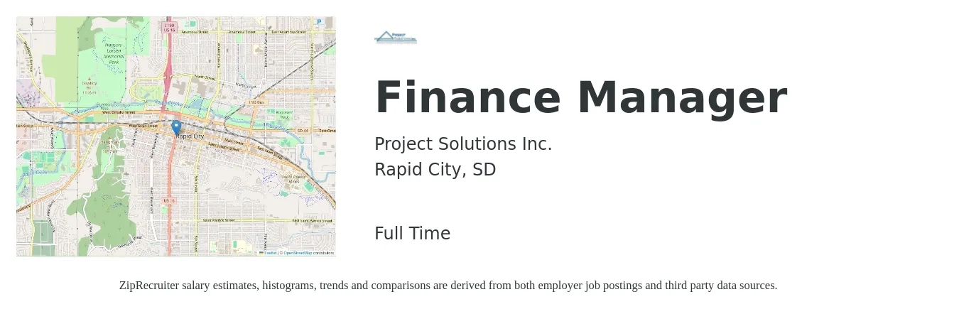 Project Solutions Inc. job posting for a Finance Manager in Rapid City, SD with a salary of $93,300 to $165,800 Yearly with a map of Rapid City location.