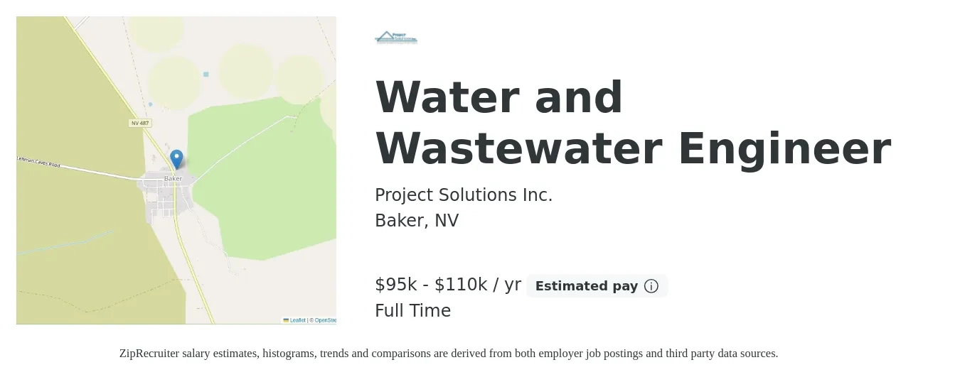 Project Solutions Inc. job posting for a Water and Wastewater Engineer in Baker, NV with a salary of $95,000 to $110,000 Yearly with a map of Baker location.