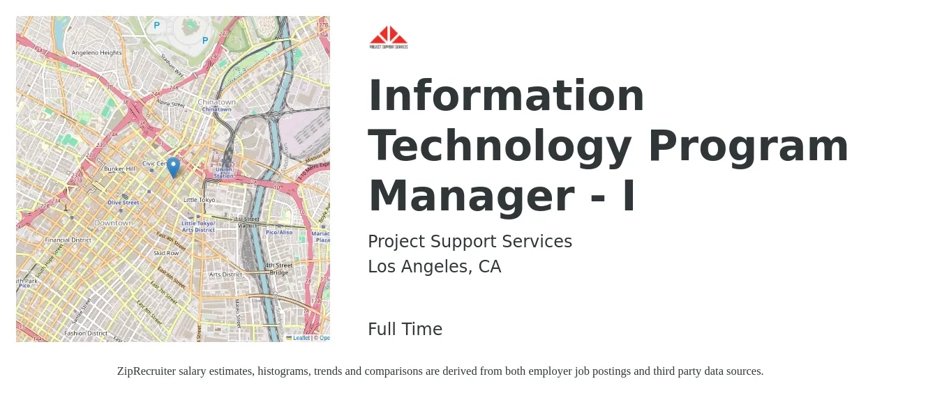 Project Support Services job posting for a Information Technology Program Manager - I in Los Angeles, CA with a salary of $125,000 to $125,500 Yearly with a map of Los Angeles location.