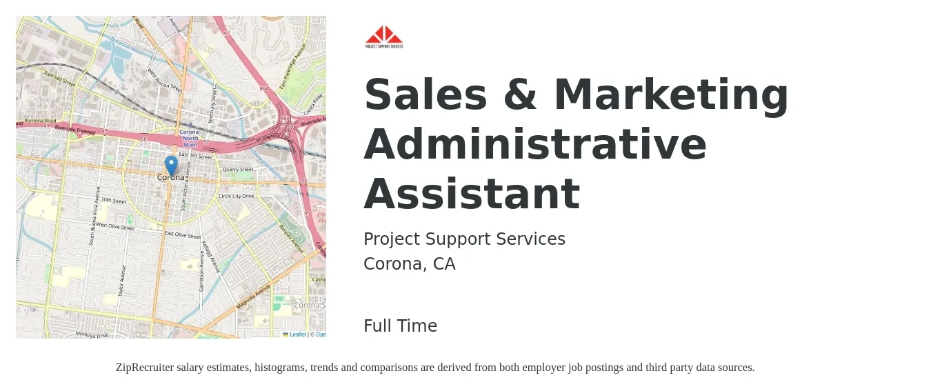 Project Support Services job posting for a Sales & Marketing Administrative Assistant in Corona, CA with a salary of $18 to $24 Hourly with a map of Corona location.