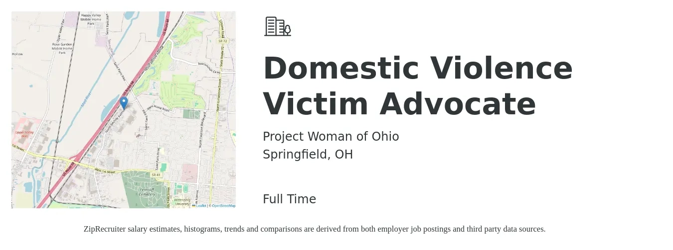 Project Woman of Ohio job posting for a Domestic Violence Victim Advocate in Springfield, OH with a salary of $45,900 to $59,700 Yearly with a map of Springfield location.
