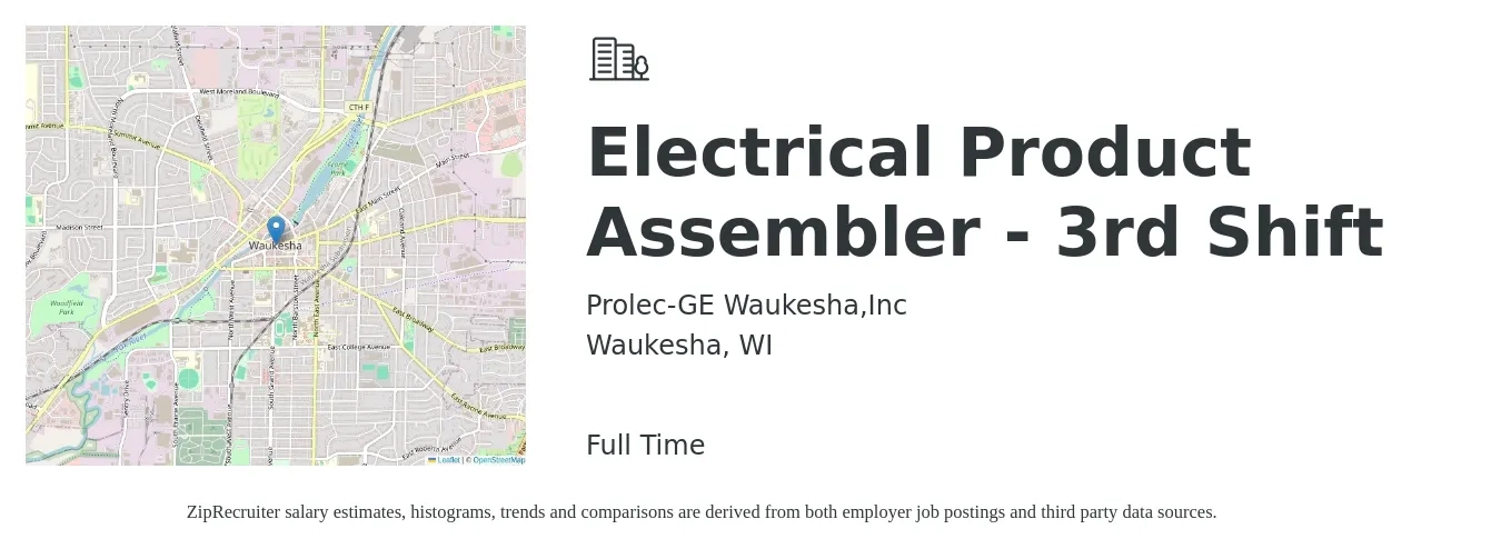 Prolec-GE Waukesha,Inc job posting for a Electrical Product Assembler - 3rd Shift in Waukesha, WI with a salary of $16 to $20 Hourly with a map of Waukesha location.