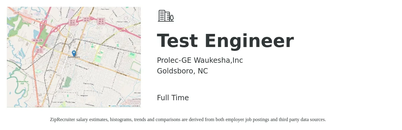 Prolec-GE Waukesha,Inc job posting for a Test Engineer in Goldsboro, NC with a salary of $31 to $48 Hourly with a map of Goldsboro location.