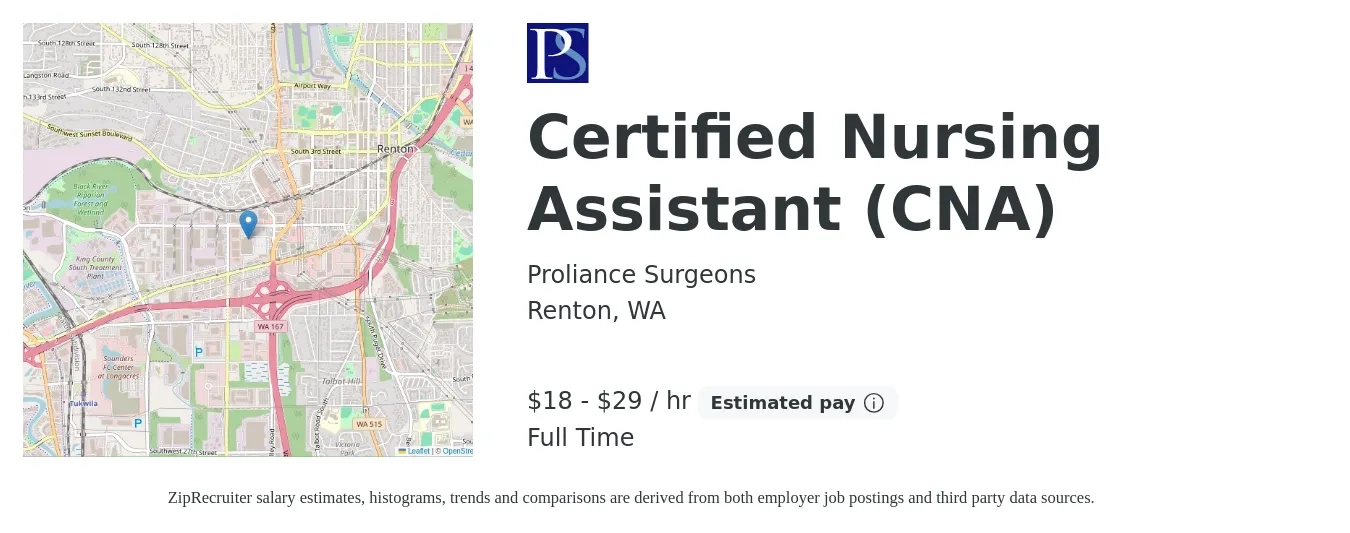 Proliance Surgeons, Inc. job posting for a Certified Nursing Assistant (CNA) in Renton, WA with a salary of $19 to $26 Hourly with a map of Renton location.