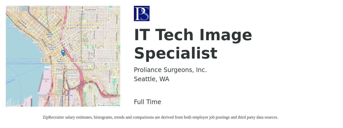 Proliance Surgeons, Inc. job posting for a IT Tech Image Specialist in Seattle, WA with a salary of $52,900 to $107,000 Yearly with a map of Seattle location.