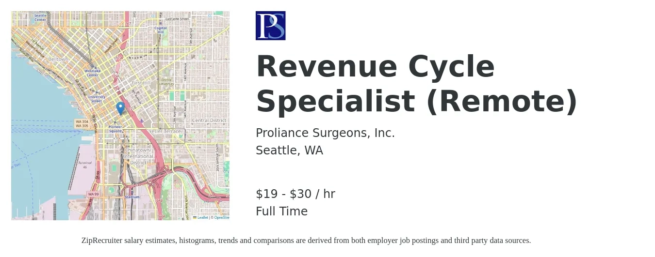 Proliance Surgeons, Inc. job posting for a Revenue Cycle Specialist (Remote) in Seattle, WA with a salary of $20 to $32 Hourly with a map of Seattle location.
