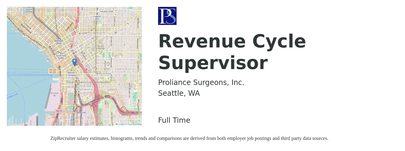 Proliance Surgeons, Inc. job posting for a Revenue Cycle Supervisor in Seattle, WA with a salary of $75,100 to $110,400 Yearly with a map of Seattle location.