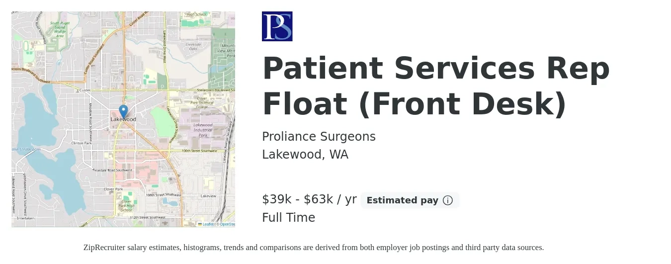 Proliance Surgeons, Inc. job posting for a Patient Services Rep Float (Front Desk) in Lakewood, WA with a map of Lakewood location.