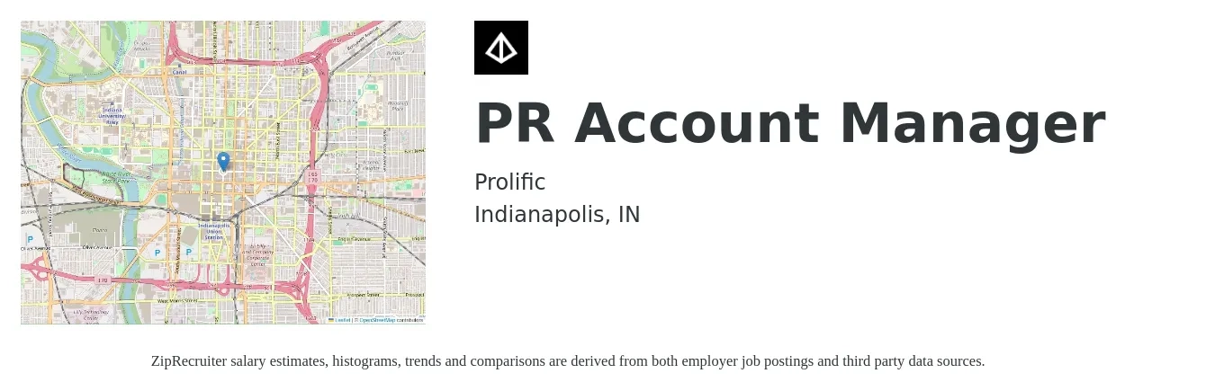 Prolific job posting for a PR Account Manager in Indianapolis, IN with a salary of $45,900 to $75,000 Yearly with a map of Indianapolis location.