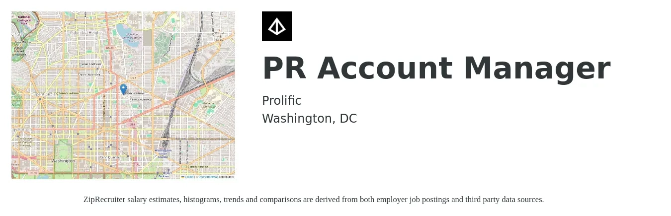 Prolific job posting for a PR Account Manager in Washington, DC with a salary of $54,300 to $88,900 Yearly with a map of Washington location.