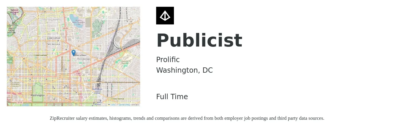 Prolific job posting for a Publicist in Washington, DC with a salary of $58,900 to $84,900 Yearly with a map of Washington location.