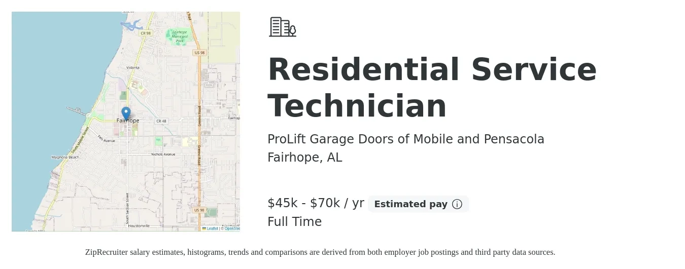 ProLift Garage Doors of Mobile and Pensacola job posting for a Residential Service Technician in Fairhope, AL with a salary of $45,000 to $70,000 Yearly with a map of Fairhope location.