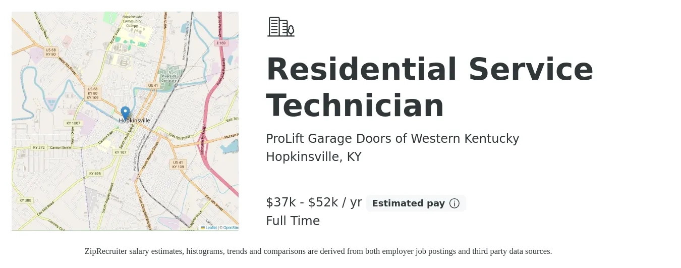 ProLift Garage Doors of Western Kentucky job posting for a Residential Service Technician in Hopkinsville, KY with a salary of $37,500 to $52,500 Yearly with a map of Hopkinsville location.