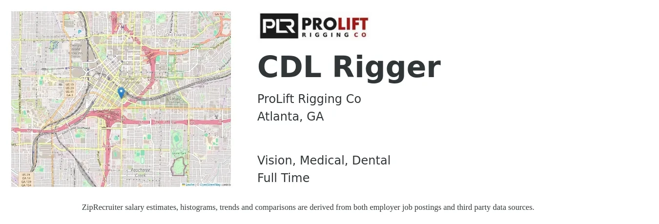 ProLift Rigging Co job posting for a CDL Rigger in Atlanta, GA with a salary of $23 to $30 Hourly and benefits including retirement, vision, dental, life_insurance, and medical with a map of Atlanta location.