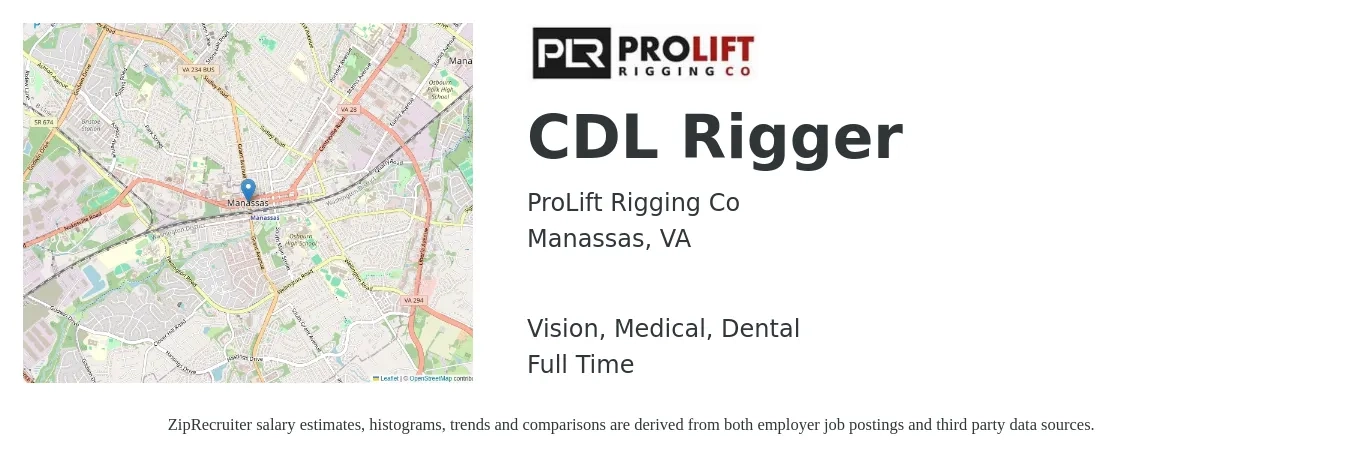 ProLift Rigging Co job posting for a CDL Rigger in Manassas, VA with a salary of $24 to $31 Hourly and benefits including medical, pto, retirement, vision, dental, and life_insurance with a map of Manassas location.