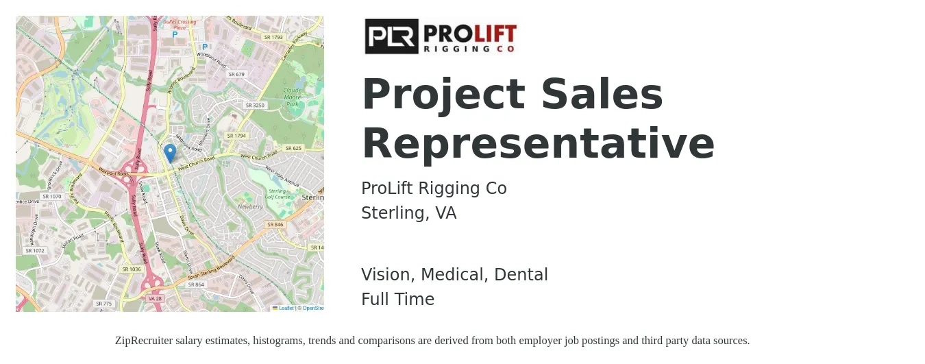 ProLift Rigging Co job posting for a Project Sales Representative in Sterling, VA with a salary of $53,000 to $92,100 Yearly and benefits including retirement, vision, dental, life_insurance, and medical with a map of Sterling location.