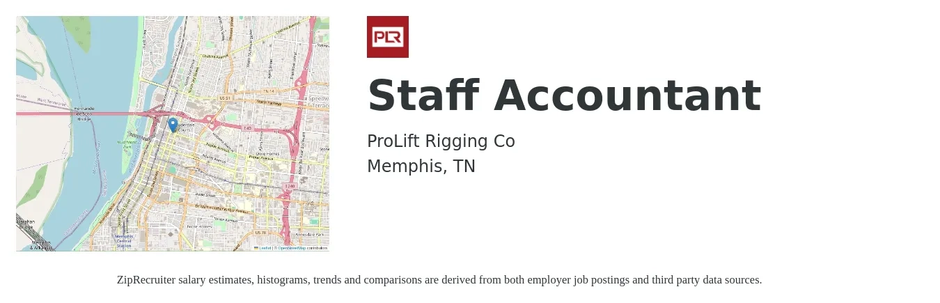 ProLift Rigging Co job posting for a Staff Accountant in Memphis, TN with a salary of $53,400 to $70,400 Yearly and benefits including life_insurance, medical, pto, retirement, vision, and dental with a map of Memphis location.