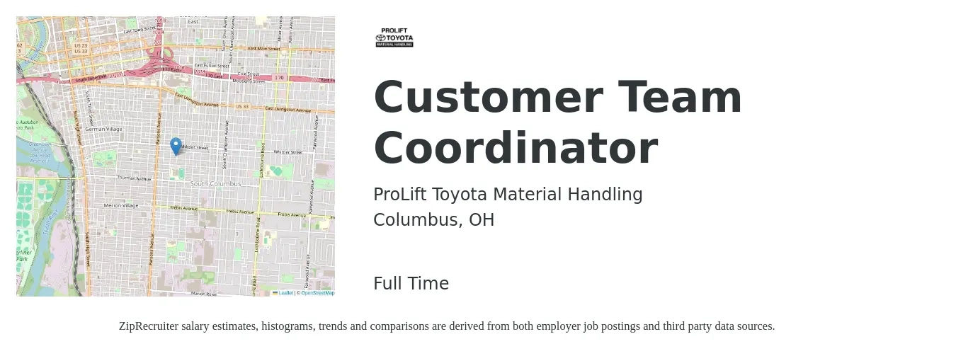 ProLift Toyota Material Handling job posting for a Customer Team Coordinator in Columbus, OH with a salary of $18 to $23 Hourly with a map of Columbus location.