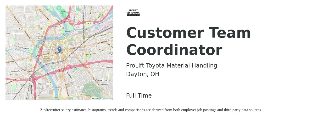 ProLift Toyota Material Handling job posting for a Customer Team Coordinator in Dayton, OH with a salary of $18 to $23 Hourly with a map of Dayton location.