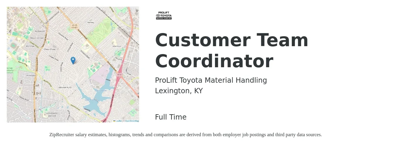 ProLift Toyota Material Handling job posting for a Customer Team Coordinator in Lexington, KY with a salary of $18 to $23 Hourly with a map of Lexington location.