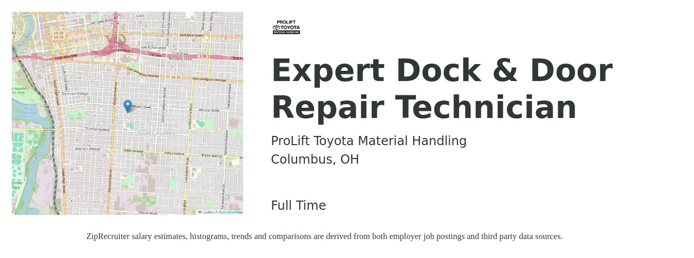 ProLift Toyota Material Handling job posting for a Expert Dock & Door Repair Technician in Columbus, OH with a salary of $16 to $25 Hourly with a map of Columbus location.