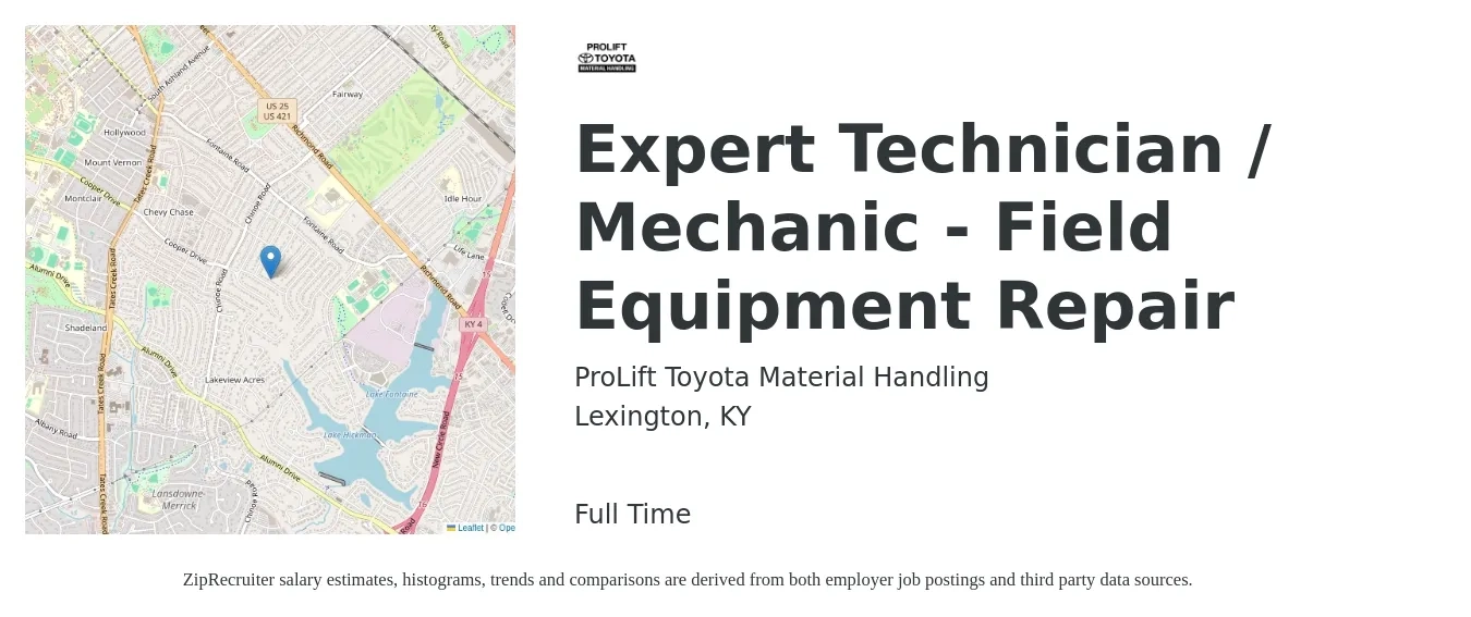 ProLift Toyota Material Handling job posting for a Expert Technician / Mechanic - Field Equipment Repair in Lexington, KY with a salary of $21 to $30 Hourly with a map of Lexington location.