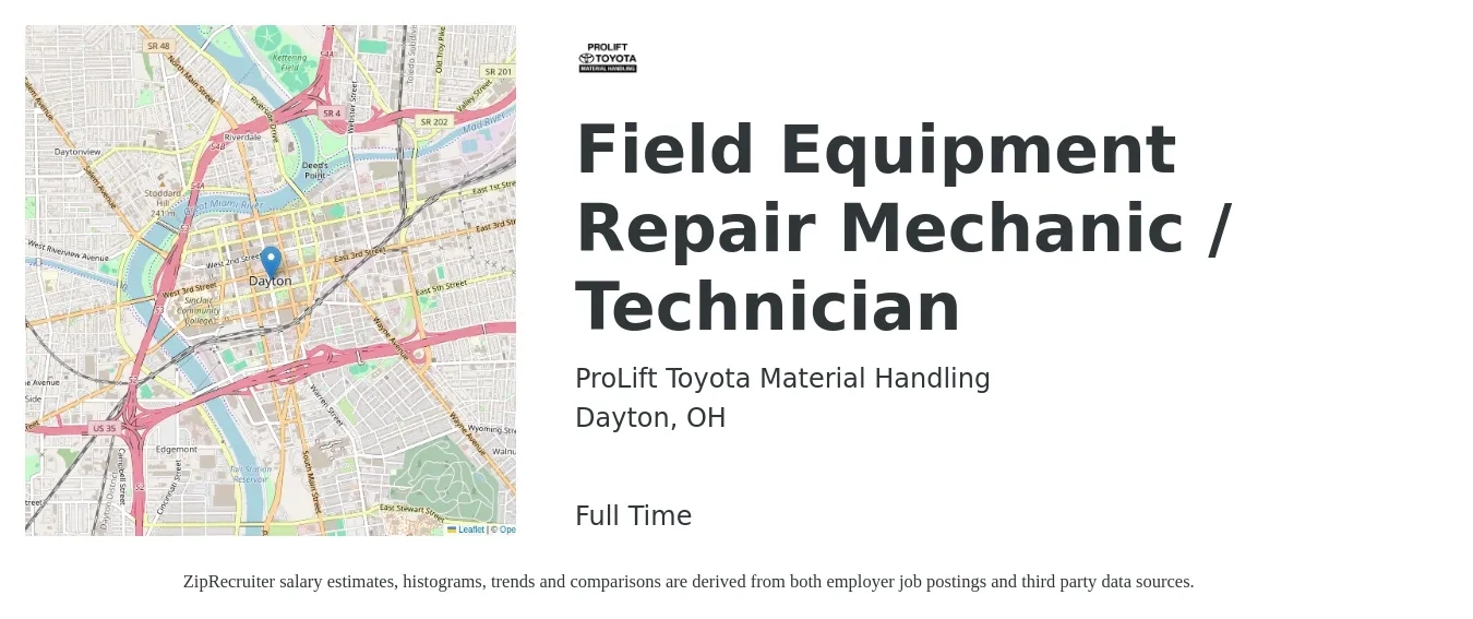 ProLift Toyota Material Handling job posting for a Field Equipment Repair Mechanic / Technician in Dayton, OH with a salary of $21 to $30 Hourly with a map of Dayton location.