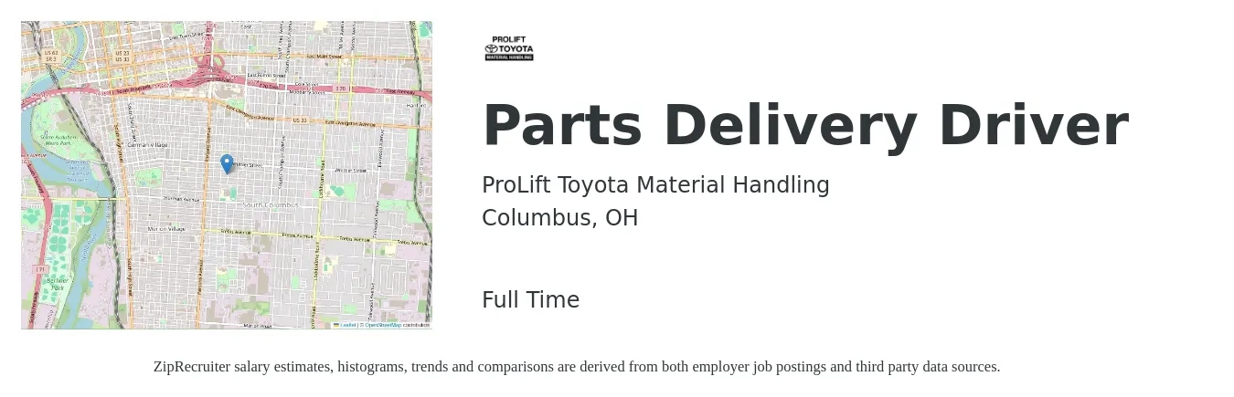 ProLift Toyota Material Handling job posting for a Parts Delivery Driver in Columbus, OH with a salary of $24,100 to $29,000 Yearly with a map of Columbus location.