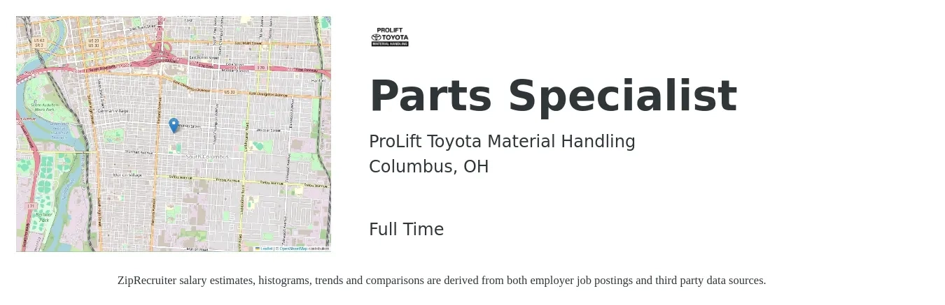 ProLift Toyota Material Handling job posting for a Parts Specialist in Columbus, OH with a salary of $18 to $24 Hourly with a map of Columbus location.