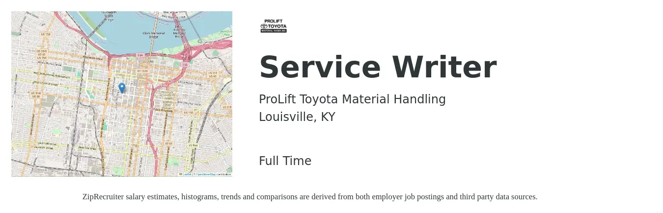 ProLift Toyota Material Handling job posting for a Service Writer in Louisville, KY with a salary of $18 to $28 Hourly with a map of Louisville location.