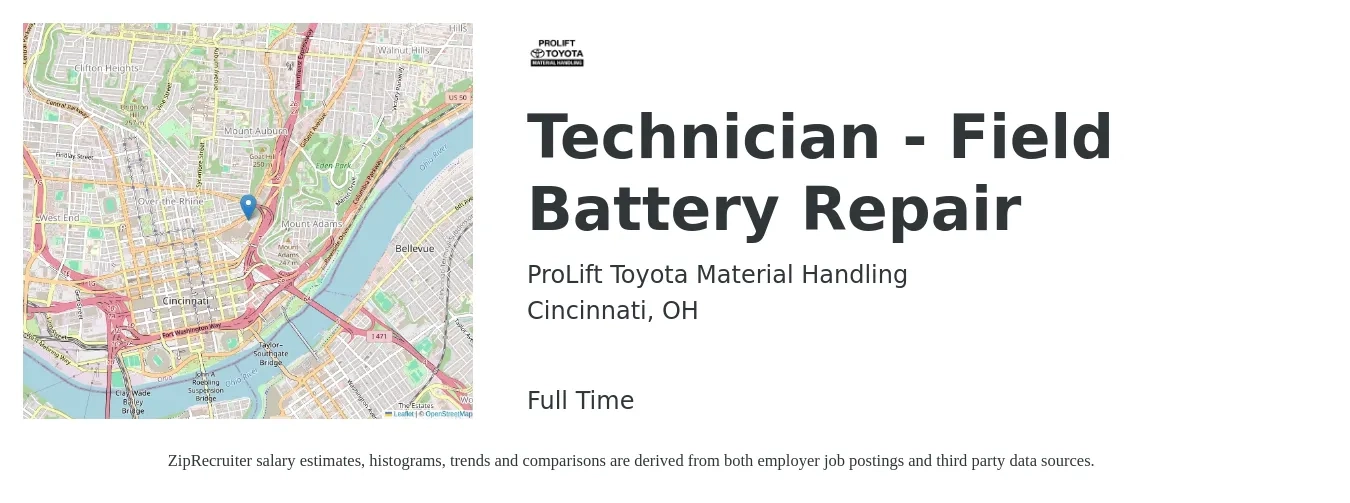 ProLift Toyota Material Handling job posting for a Technician - Field Battery Repair in Cincinnati, OH with a salary of $19 to $28 Hourly with a map of Cincinnati location.