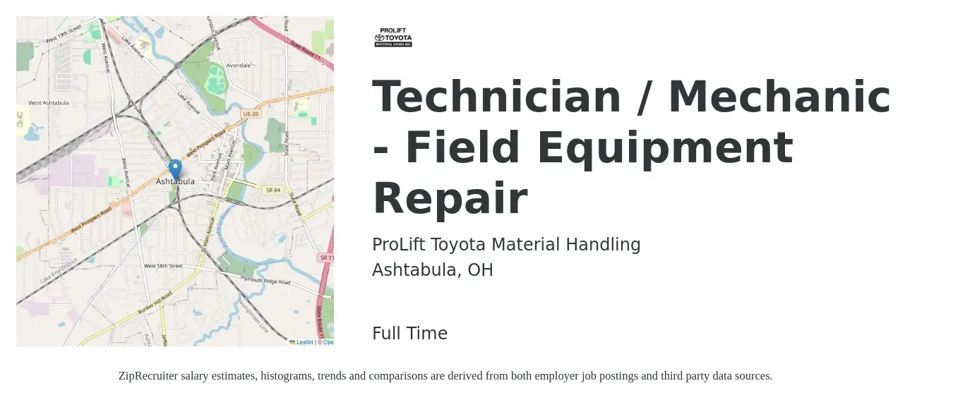 ProLift Toyota Material Handling job posting for a Technician / Mechanic - Field Equipment Repair in Ashtabula, OH with a salary of $19 to $28 Hourly with a map of Ashtabula location.
