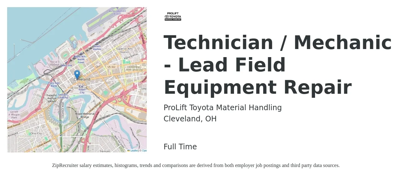 ProLift Toyota Material Handling job posting for a Technician / Mechanic - Lead Field Equipment Repair in Cleveland, OH with a salary of $24 to $33 Hourly with a map of Cleveland location.