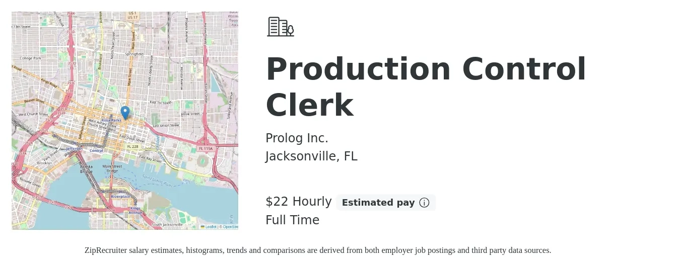 Prolog Inc. job posting for a Production Control Clerk in Jacksonville, FL with a salary of $23 Hourly with a map of Jacksonville location.