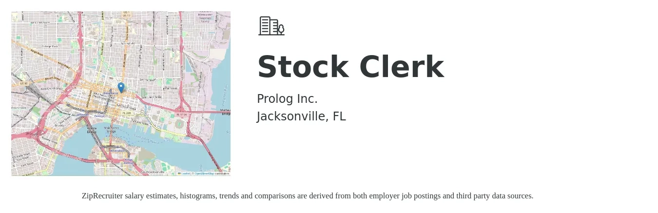 Prolog job posting for a Stock Clerk in Jacksonville, FL with a salary of $15 to $18 Hourly with a map of Jacksonville location.