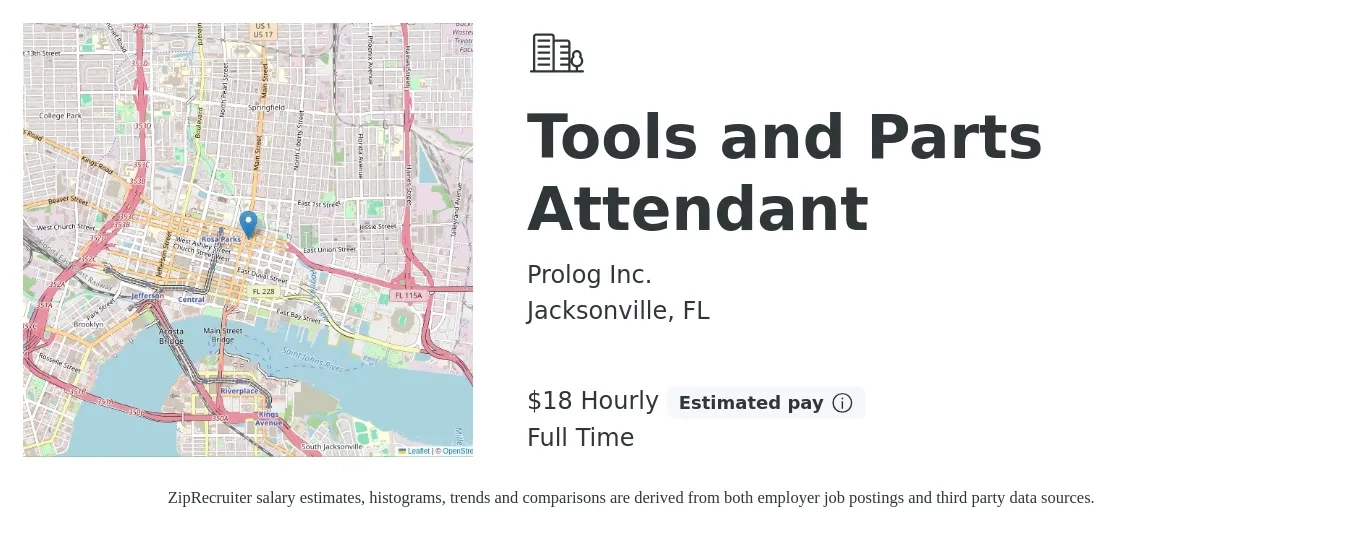 Prolog Inc. job posting for a Tools and Parts Attendant in Jacksonville, FL with a salary of $19 Hourly with a map of Jacksonville location.