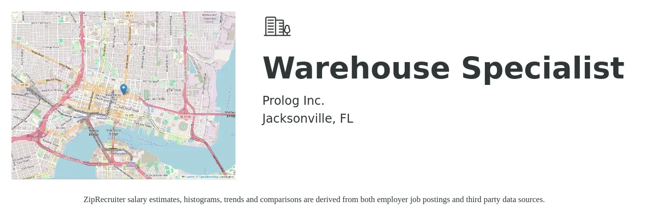 Prolog job posting for a Warehouse Specialist in Jacksonville, FL with a salary of $16 to $19 Hourly with a map of Jacksonville location.