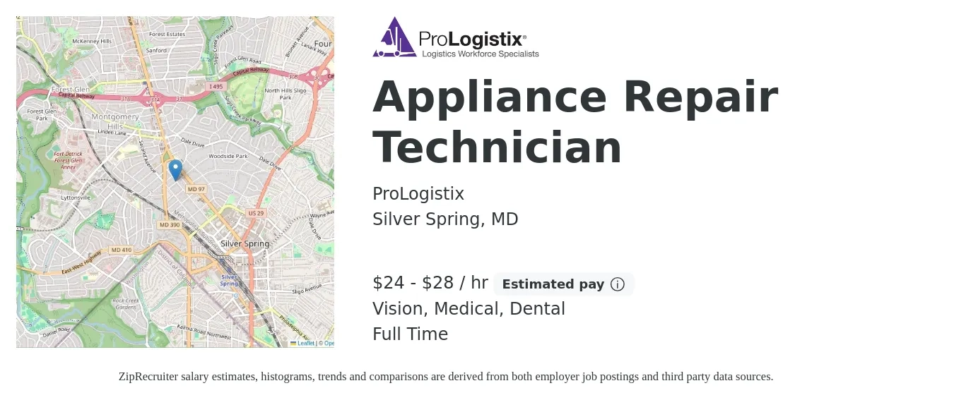 ProLogistix job posting for a Appliance Repair Technician in Silver Spring, MD with a salary of $25 to $30 Hourly and benefits including medical, vision, and dental with a map of Silver Spring location.