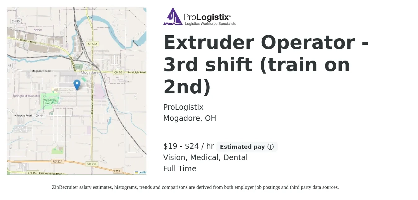 ProLogistix job posting for a Extruder Operator - 3rd shift (train on 2nd) in Mogadore, OH with a salary of $20 to $25 Hourly and benefits including medical, vision, and dental with a map of Mogadore location.