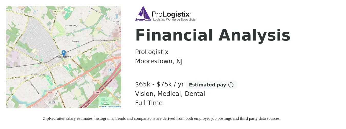 ProLogistix job posting for a Financial Analysis in Moorestown, NJ with a salary of $65,000 to $75,000 Yearly and benefits including medical, vision, and dental with a map of Moorestown location.